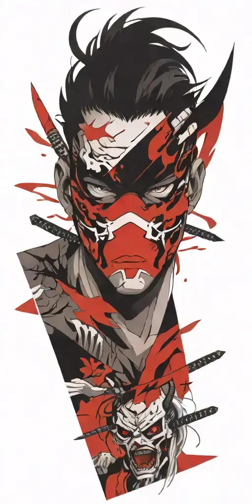 male anime character wearing oni mask holding swords fighting off inner demons  tattoo design idea