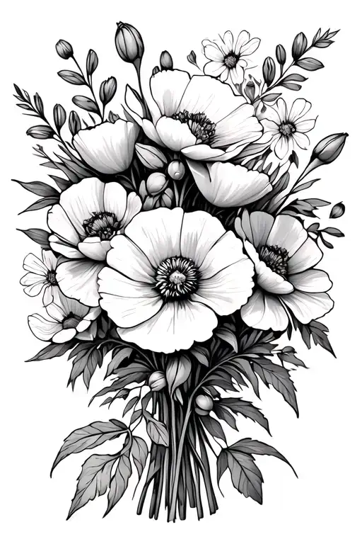 Bouquet of flowers with California poppy California native rose Fremontia Almond blossoms, and other California flowers tattoo design idea