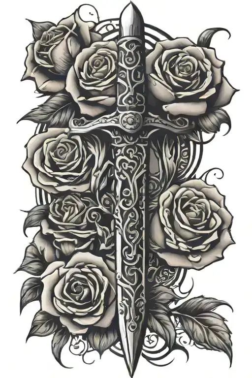 tribal dagger wrapped by roses growing tattoo design idea