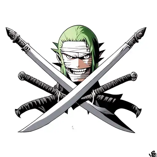 Roronoa Zoro with three swords, one of which is in the teeth. A bandage is on the head tattoo design idea