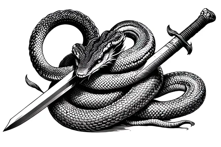 A snake coiled around a traditional Japanese sword with intricate patterns tattoo design idea