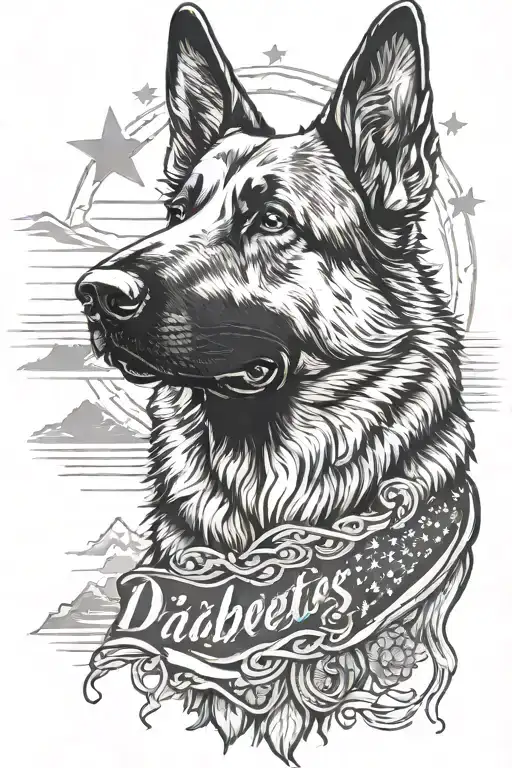 German shepherd portrait with bracelet saying diabetes mountain scene American flag tattoo design idea