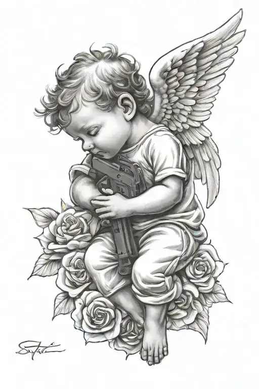 baby angel sleeping holding gun tattoo design idea
