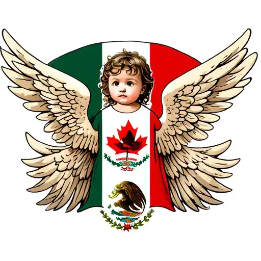 angel baby with one wing Mexico flag one wing Canada flag tattoo design idea