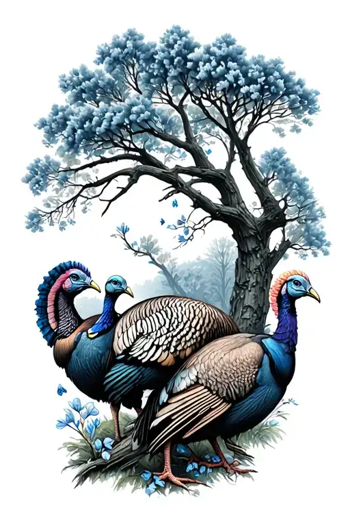 trees with wild turkeys on limbs in a distance, the landscape will consist of clusters of chrystals and blue bell flower tattoo design idea