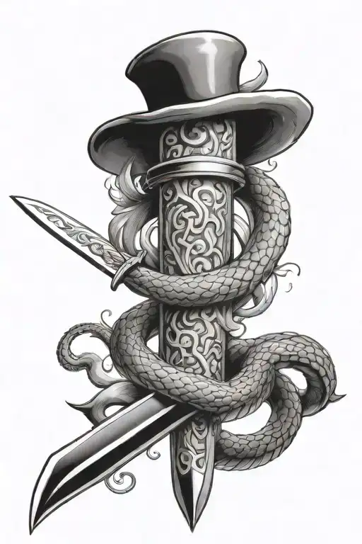 Design a vertical, ultra-realistic tattoo featuring a majestic dagger with a snake wrapped around its blade. The snake s tattoo design idea