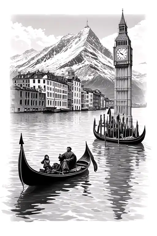 gondola in Venice, swiss alps in the background, big ben clock tower, German stein, tattoo design idea