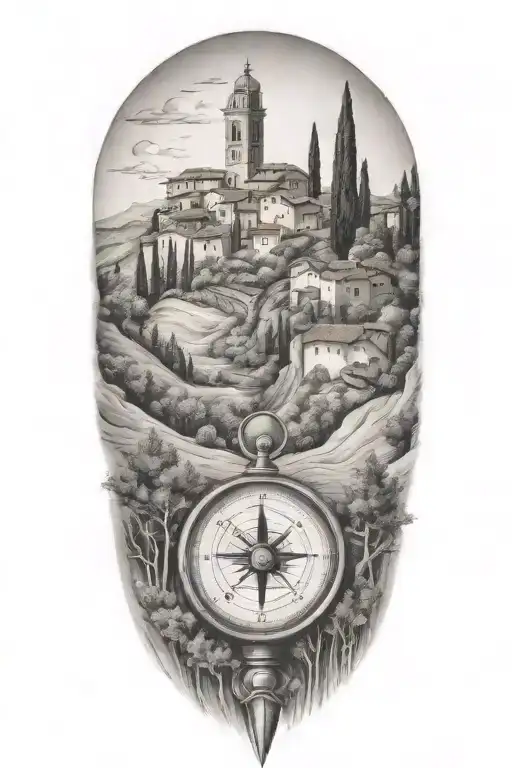 edges that fade and blend softly, italian tuscany landscape with olve and cypress trees and a compass  tattoo design idea
