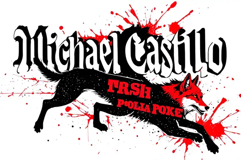 the name Michael Castillo with a black and fox jumping through the name tattoo design idea