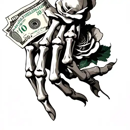 skeleton hand with 100 dollar bill rose tattoo design idea