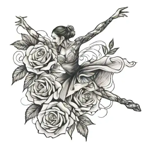 ballet dancer gracefully moving using roses and greenery to outline her abastract and fine line style tattoo design idea