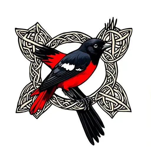 black and red swallow bird perched on Celtic cross tattoo design idea