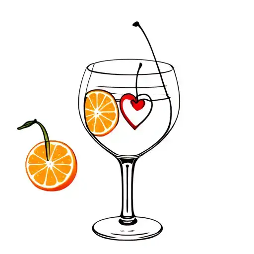 clear wine glass with orange segment and heart shaped cherry to give tequila sunrise vibe. tattoo design idea