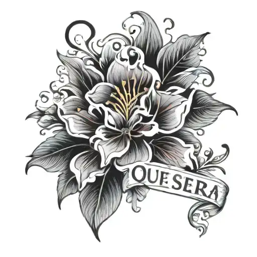 que sera sera words with flamboyant flower surrounded in a sentence  tattoo design idea