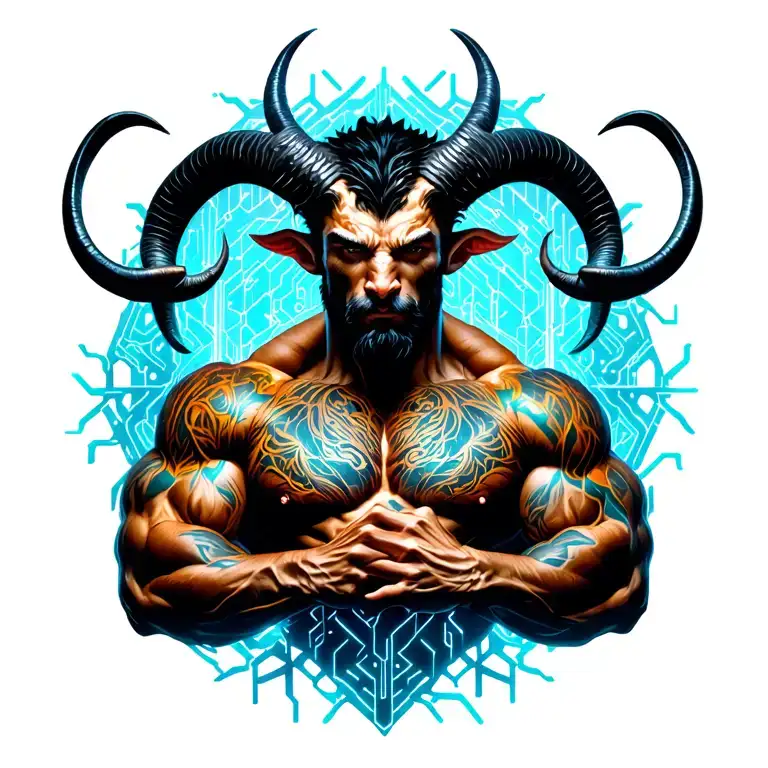 Gay male horned satyr with massive bodybuilder muscles flex. cyber tree roots, vines and patterns tattoo design idea
