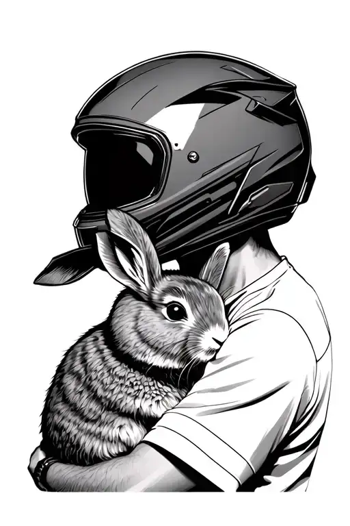 A man wearing a motorcycle helmet and hugging a rabbit. tattoo design idea