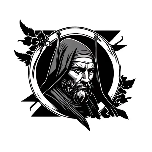 Create a forearm tattoo with old gods or samurai or nuns like that tattoo design idea