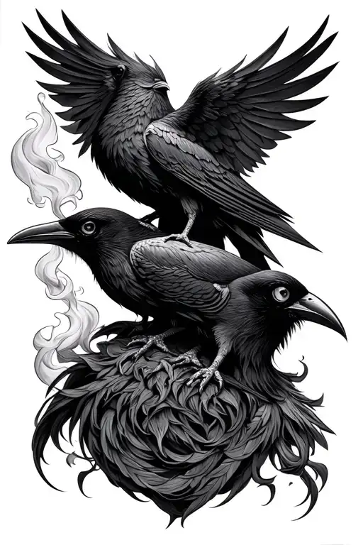 Hugin and Munin smoking eyes all black odin in negative tattoo design idea