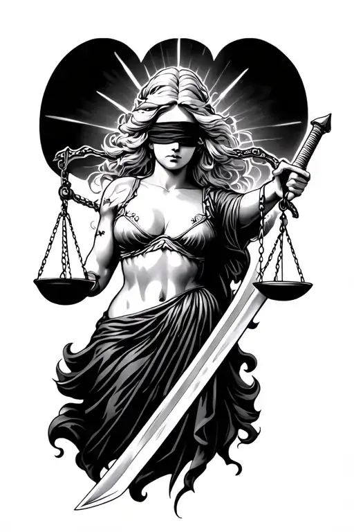 Full length Lady Justice tattoo. Blindfolded. Sword in one hand scales in the other. Facing forward. Flowing hair, blond tattoo design idea