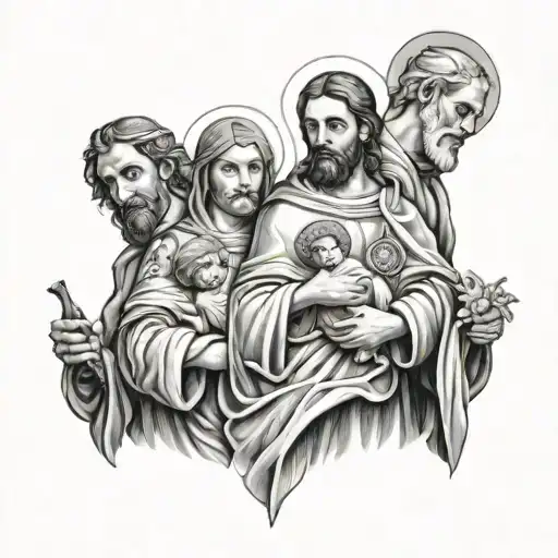 Jesus, Saint Anthony, Saint Joseph, Saint Expedite, Our Lady gathered together tattoo design idea