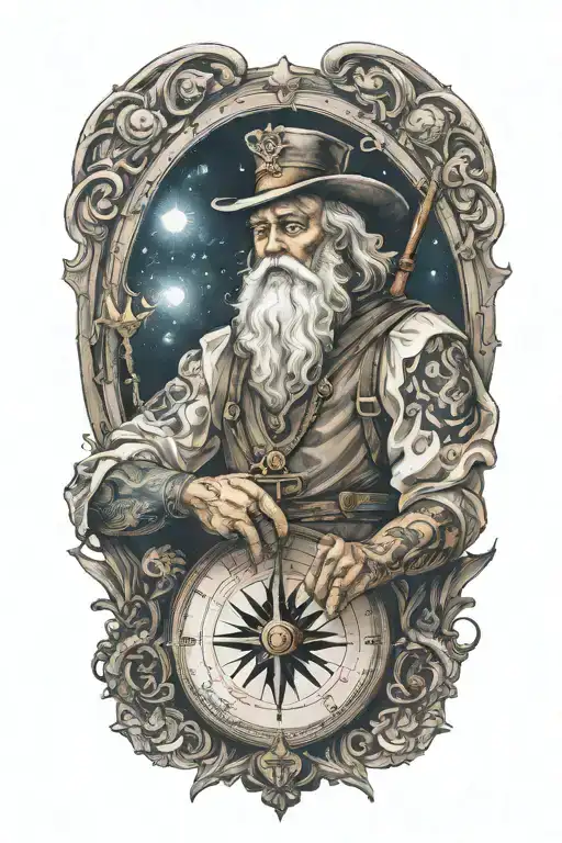 Father Time with tattoos on his arms, holding nautical compass, semi colon unr his wearing eye, start night background  tattoo design idea