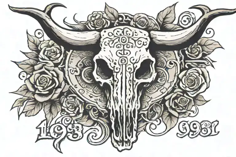 longhorn skull with 1993 written inside tattoo design idea