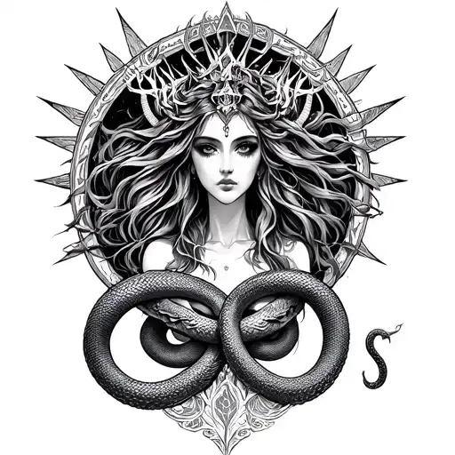 dark goddess litith with beautiful detail, snakes and sigils tattoo design idea