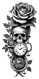family tree, rose intertwined, evil eye, skull, scales, truth, pocket watch, hour glass tattoo design idea