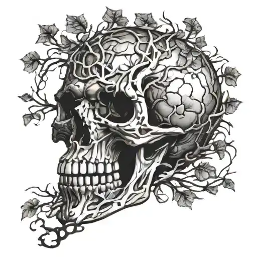 skull with a tree roots coming out of mouth of a skull tattoo design idea