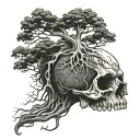 skull with a tree roots coming out of mouth of a skull tattoo design idea
