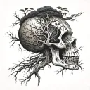 skull with a tree roots coming out of mouth of a skull tattoo design idea