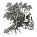 skull with a tree roots coming out of mouth of a skull tattoo design idea