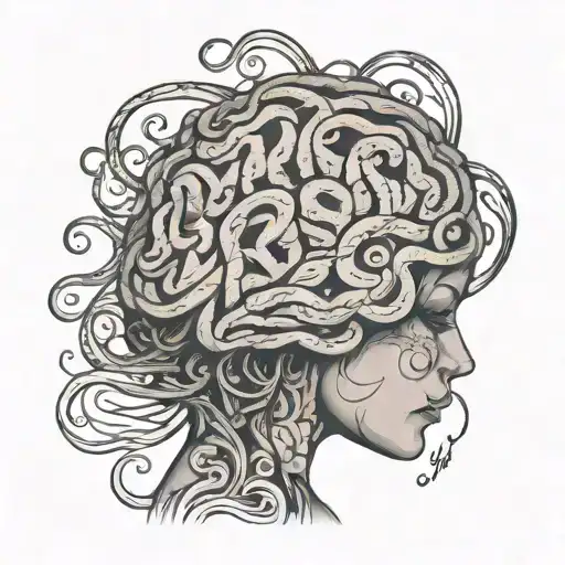 silhouette looking down with a brain made of pen scribbles and hurtful words inside the bra showing the struggle of ADHD tattoo design idea