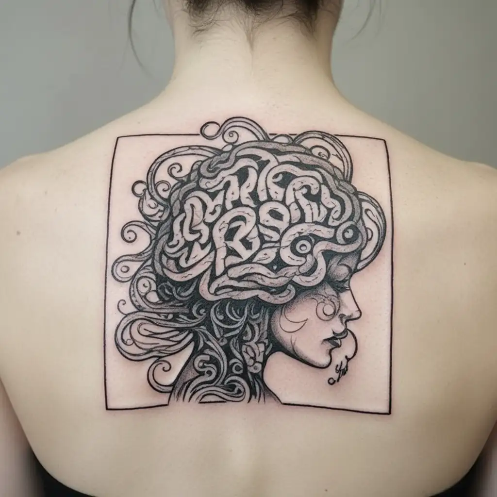 silhouette looking down with a brain made of pen scribbles and hurtful words inside the bra showing the struggle of ADHD tattoo design idea