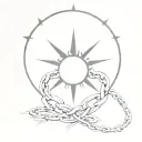 broken chains with a sun in the background black and white tattoo design idea