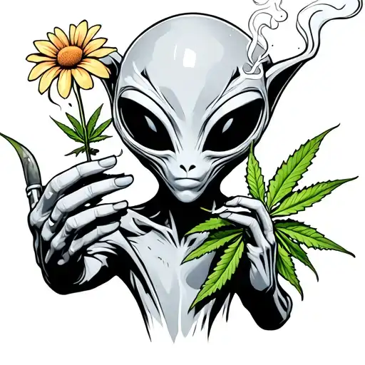 lost alien holding a flower while smoking weed hallucinating  tattoo design idea