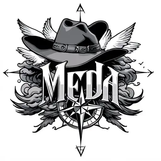 "Meda" last name intertwined with clouds inside, compass and dove in each corner and adding cowboy hat within the tattoo tattoo design idea