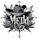 "Meda" last name intertwined with clouds inside, compass and dove in each corner and adding cowboy hat within the tattoo tattoo design idea