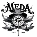 "Meda" last name intertwined with clouds inside, compass and dove in each corner and adding cowboy hat within the tattoo tattoo design idea