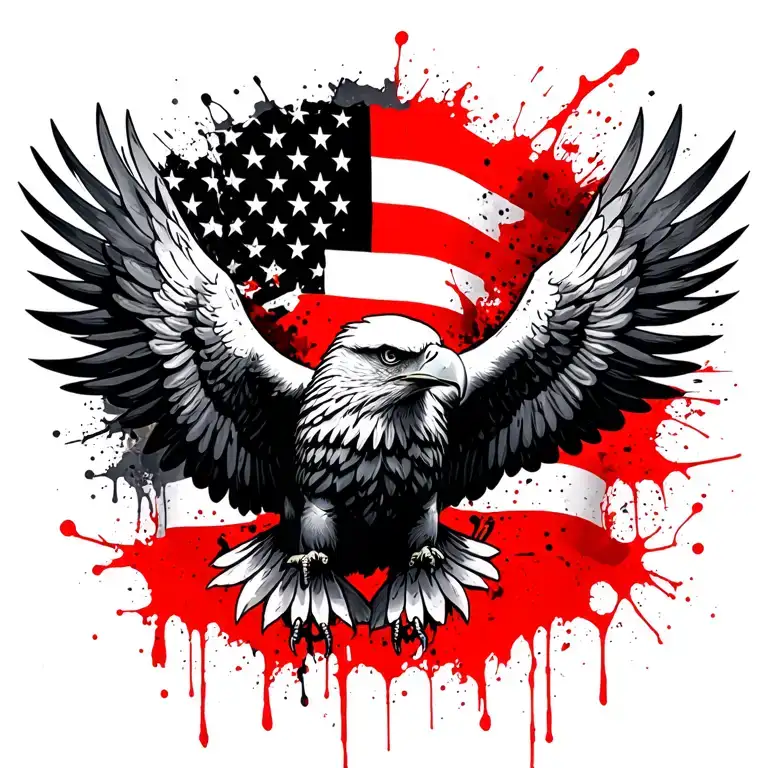forward facing american eagle with wings spread in an upward direction.  wings are filled with American flag tattoo design idea