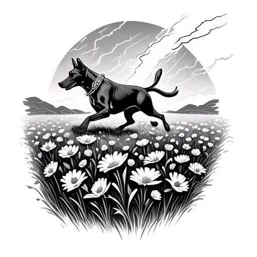 A black-grey tattoo design of lightning striking a flower field with a dog running through it tattoo design idea