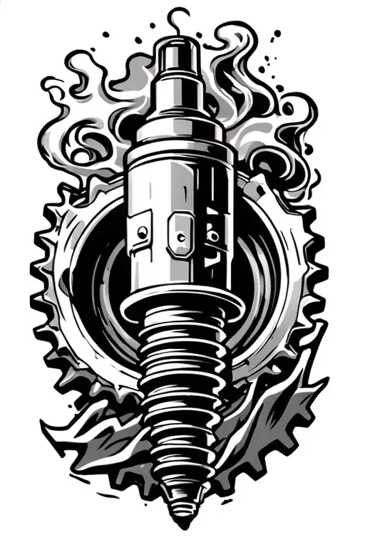 motocross theme sleeve with a evil spark plug, an evil piston, a edgey sprocket with smoke coming up through all of it tattoo design idea