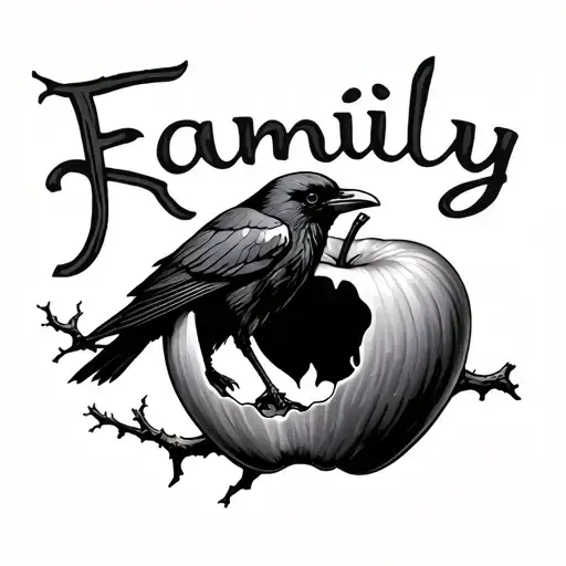 "Family" bitten apple on a.tree branch with a raven  tattoo design idea