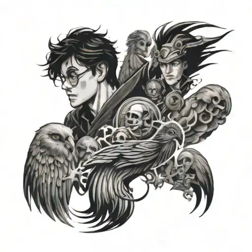 harry potter, one piece, star wars, a phoenix, disney and marvel tattoo design idea
