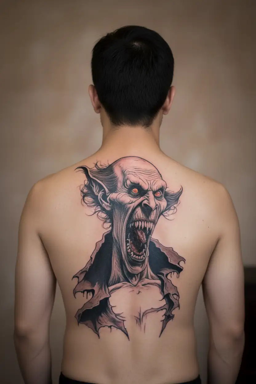 vampire with fangs and blood tattoo design idea