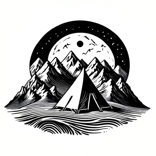 Linework circle with topographic contour lines and small tent + mountains inside plus a globe Thin clean outline. tattoo design idea