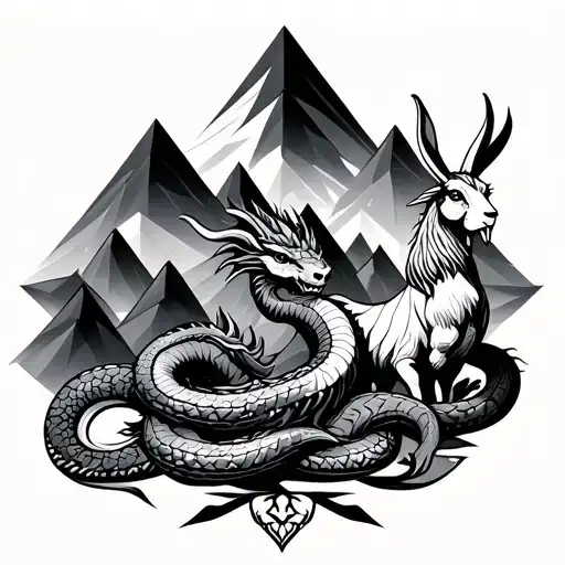 Geometric mountain range with dragon, snake, ox, rabbit, goat, and rooster tattoo design idea