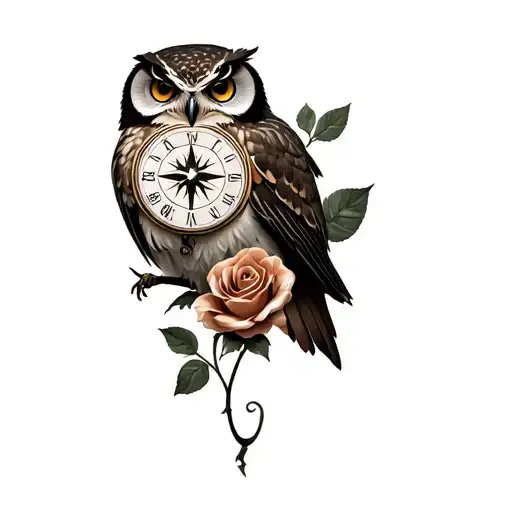 owl 1 compass 1 clock 2 roses intertwined tattoo design idea
