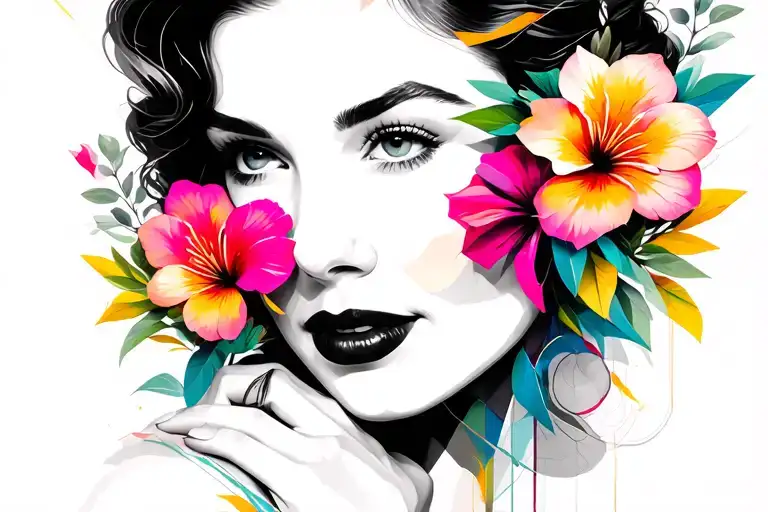 Hoya flowers geometric abstract realism with black and white portrait of a 50’s woman and color in other elements  tattoo design idea