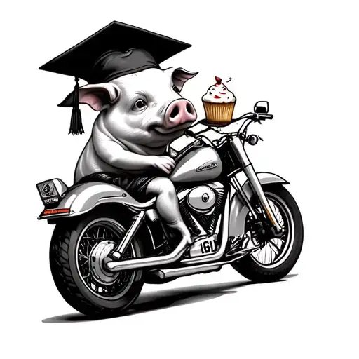 pig wearing graduation cap holding cupcake on motorcycle tattoo design idea